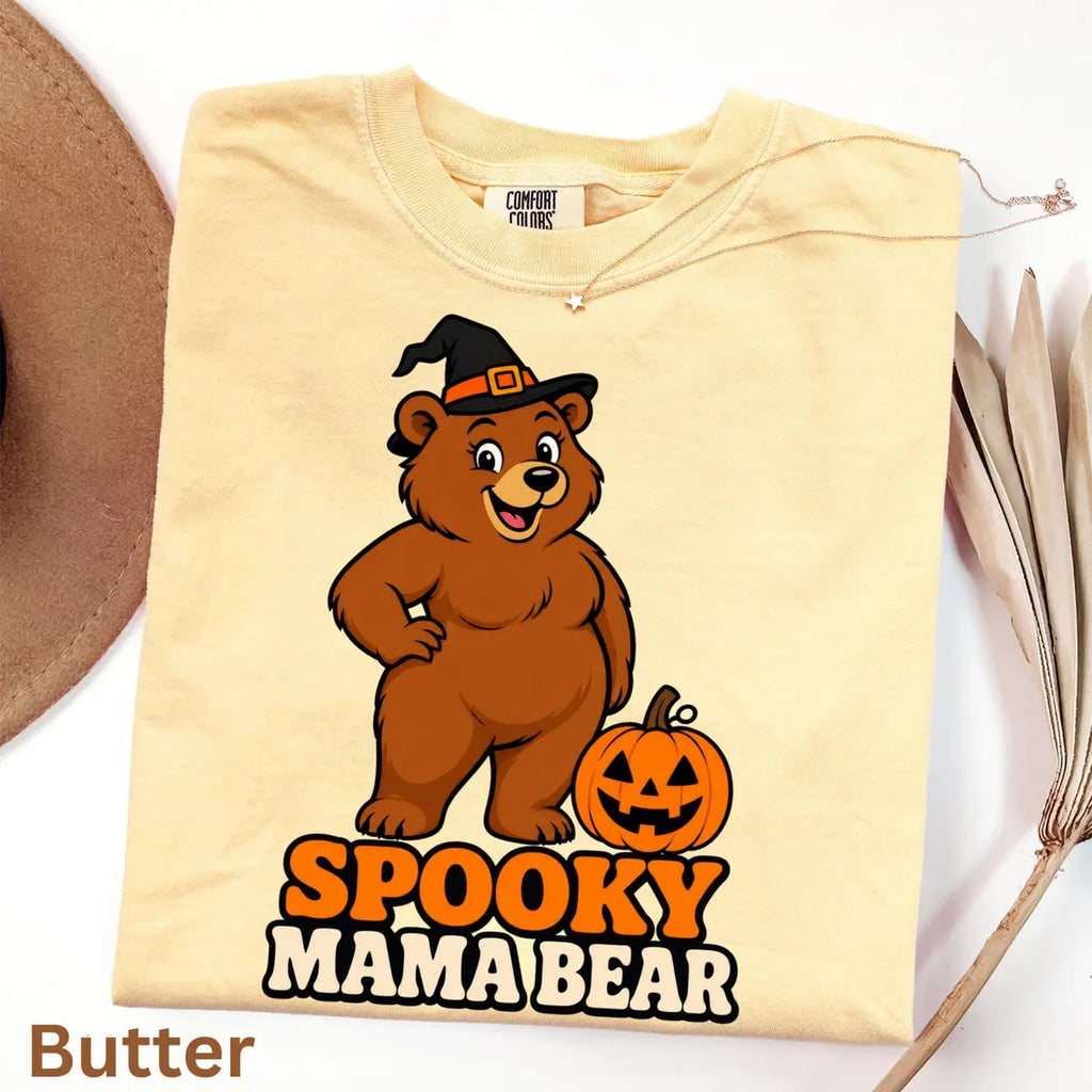Spooky Mama Bear Halloween Comfort Colors T-Shirt alternate product view in Butter.