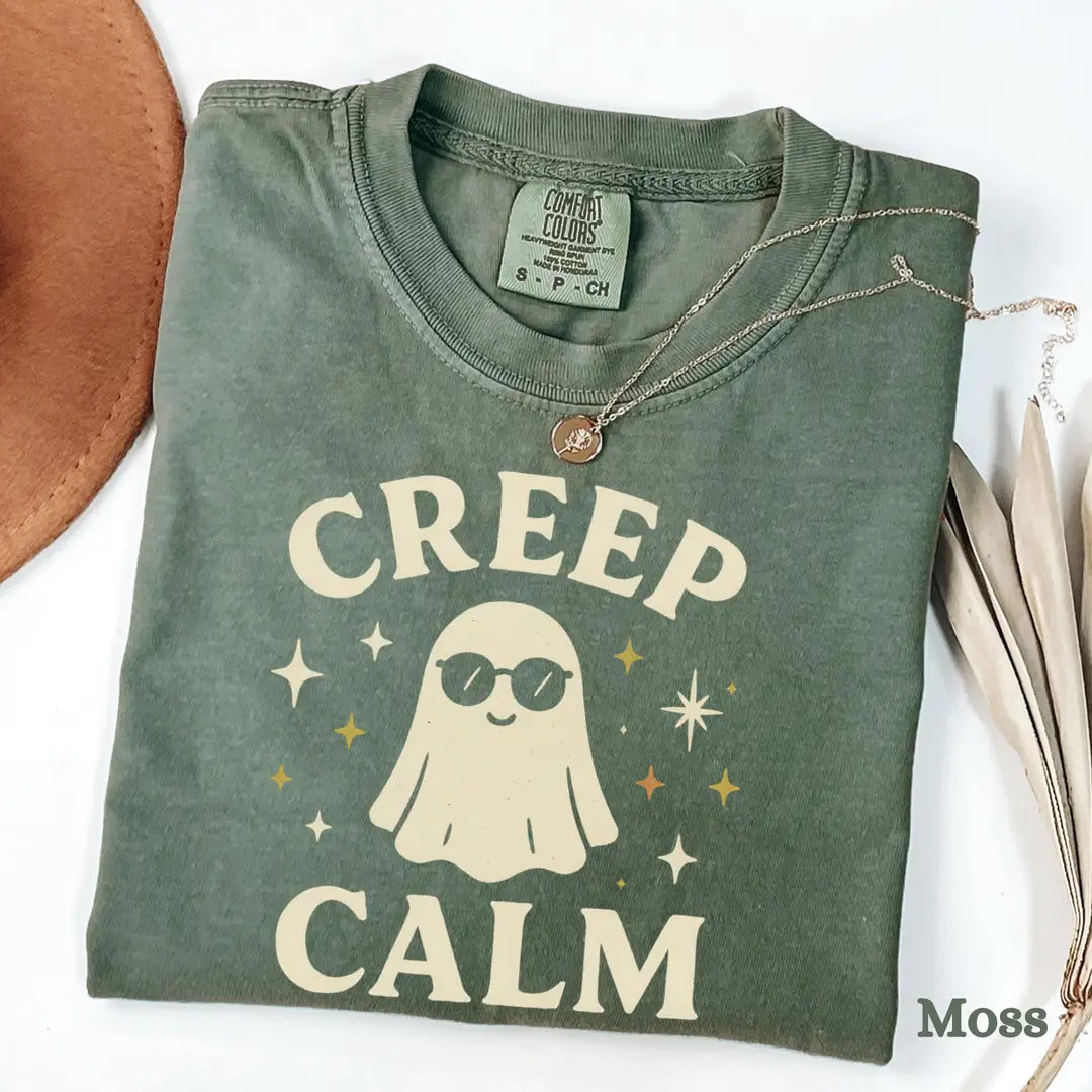 Creep Calm - Cool Ghost Halloween Comfort Colors T-Shirt alternate product view in Moss.