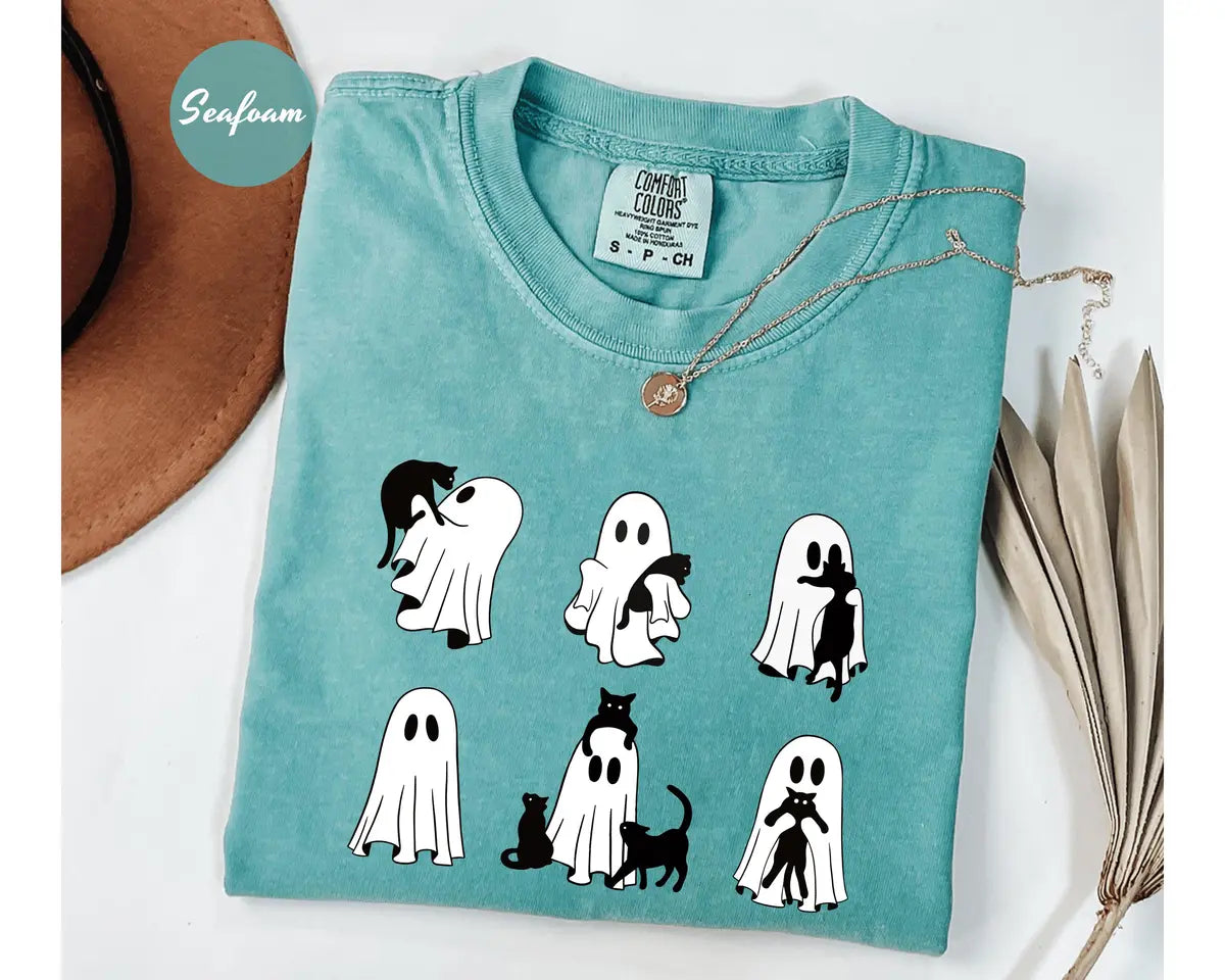 Seafoam Comfort Colors 1717 T-shirt with Black Cat Ghost design