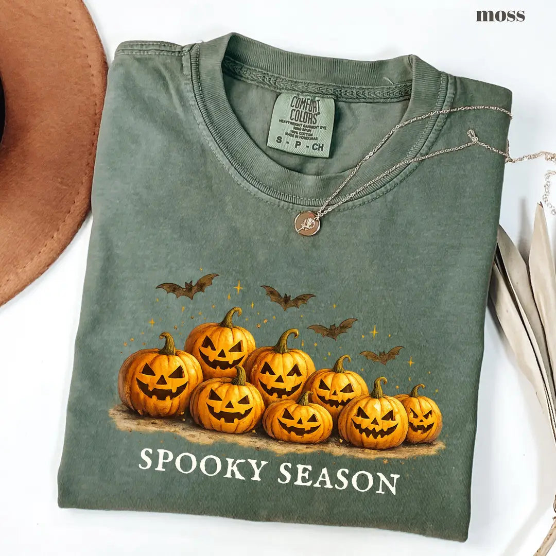 Moss Comfort Colors 1717 T-shirt with Spooky Season Pumpkin design