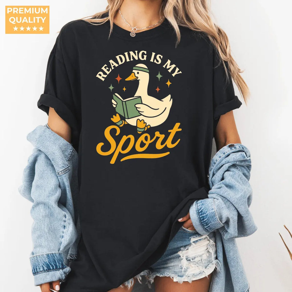 Black Comfort Colors 1717 T-shirt with Reading Goose design, alternate product view.