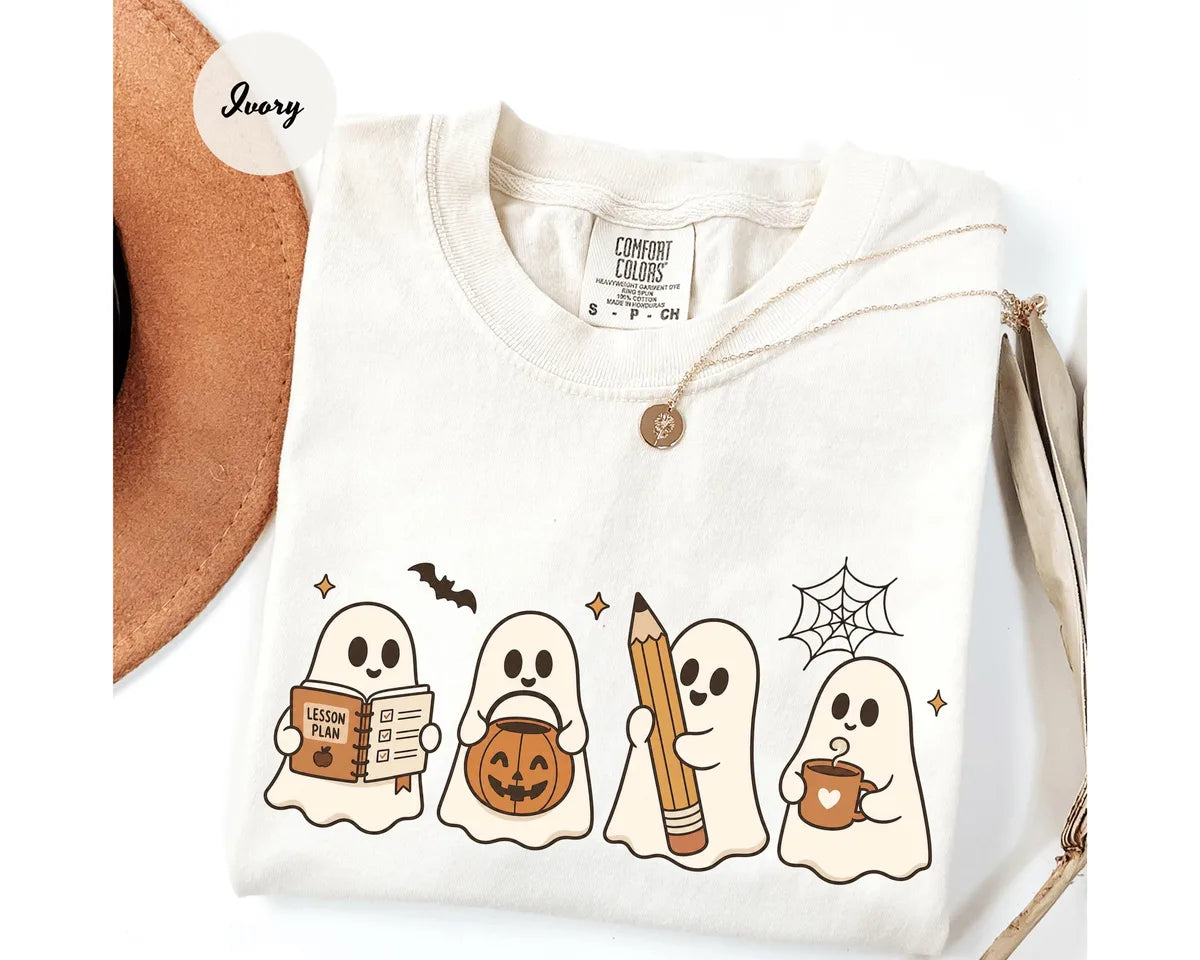 Ivory Comfort Colors 1717 T-shirt with Halloween Teacher Ghost design