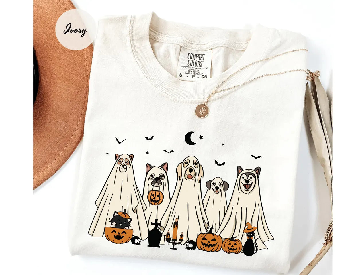 Ivory Comfort Colors 1717 T-shirt with Halloween Ghost Dog design