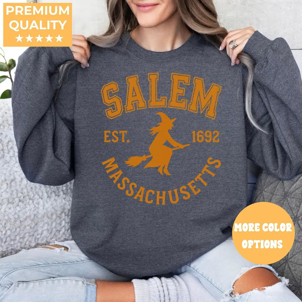 Dark Heather Crewneck sweatshirt with printed Salem Witch design, alternate product view.