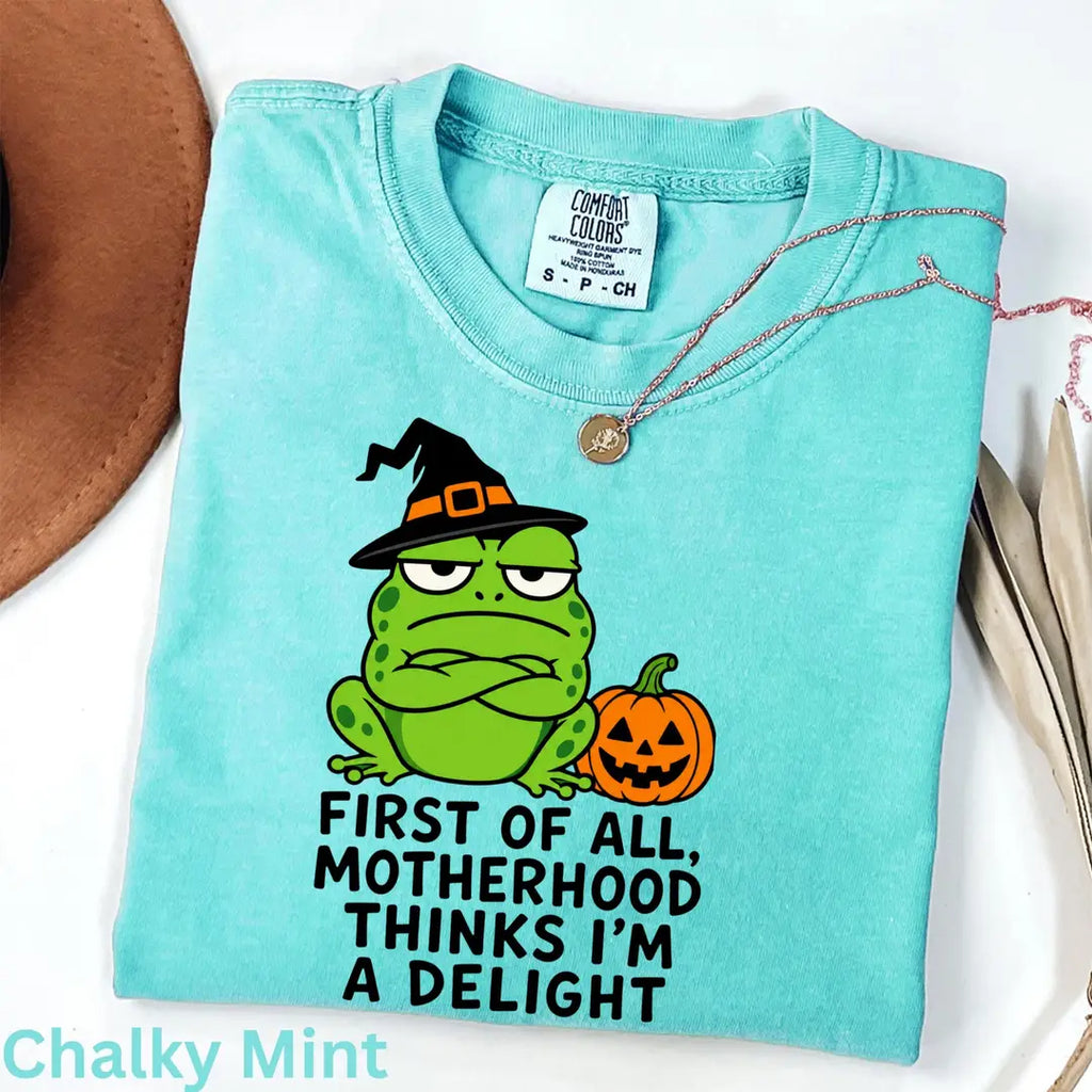 First of All Motherhood Thinks I'm a Delight - Frog Mom Comfort Colors T-Shirt alternate product view in Chalky Mint.