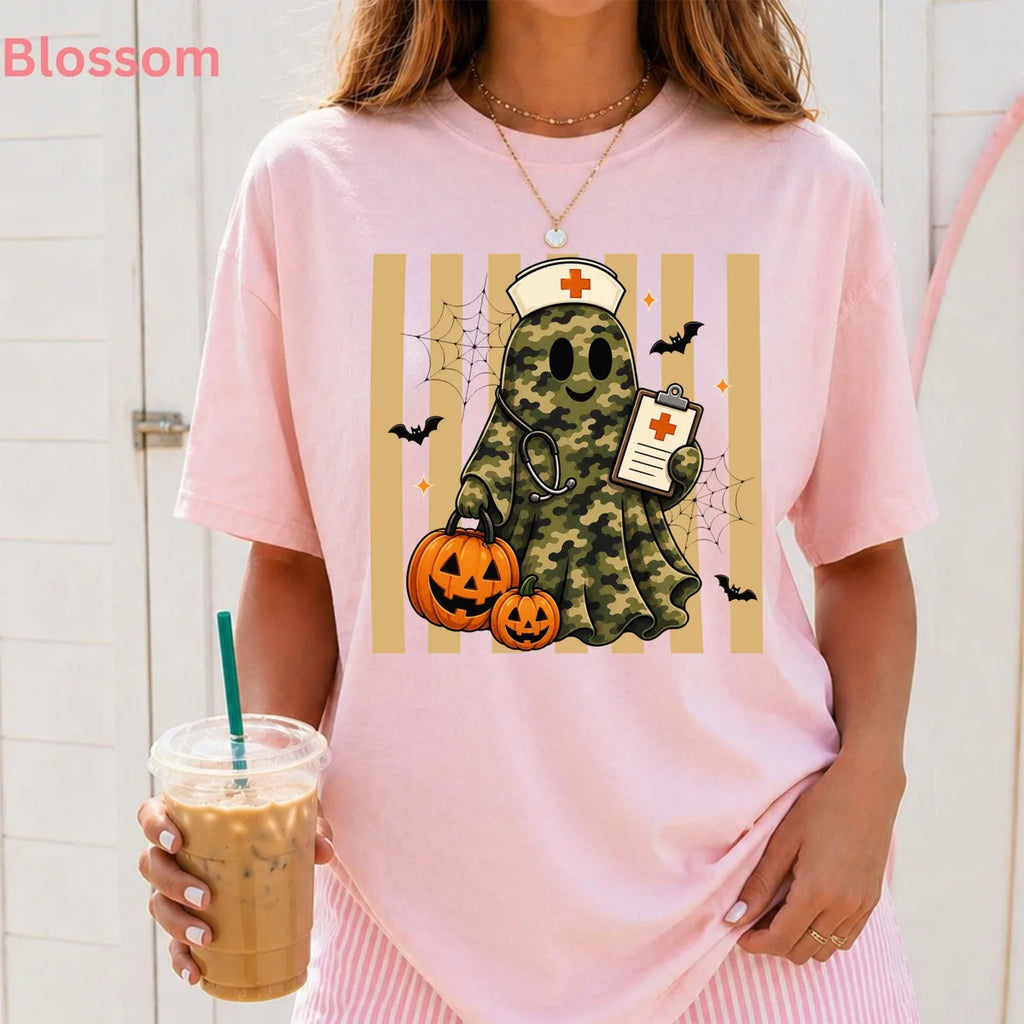 Camo Nurse Ghost Halloween Comfort Colors T-Shirt alternate product view in Blossom.