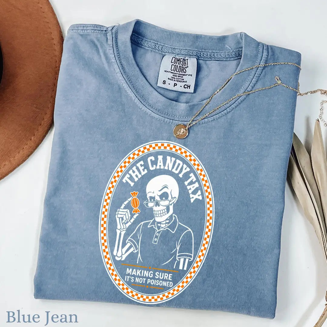 The Candy Tax - Funny Halloween Dad Comfort Colors T-Shirt alternate product view in Blue Jean.