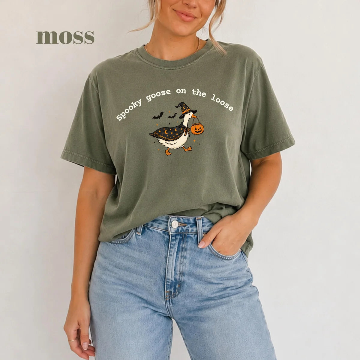 Moss Comfort Colors 1717 T-shirt with Spooky Goose On The Loose design worn by a model