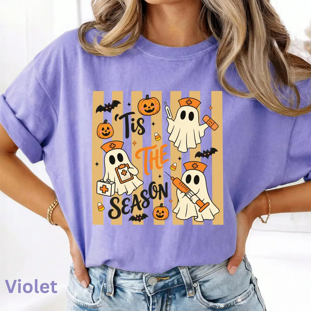 Tis The Season Nurse Halloween Comfort Colors T-Shirt alternate product view in Violet.