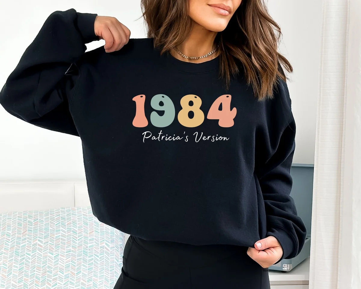Black Crewneck sweatshirt with printed Custom In My Forties Era design, alternate product view.