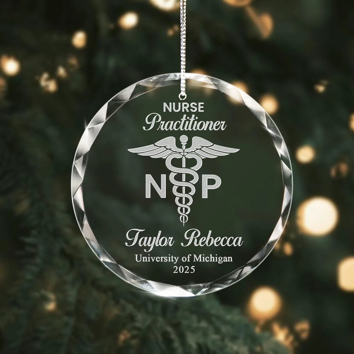 Additional view of a Nurse Practitioner personalized engraved engraved crystal glass ornament.