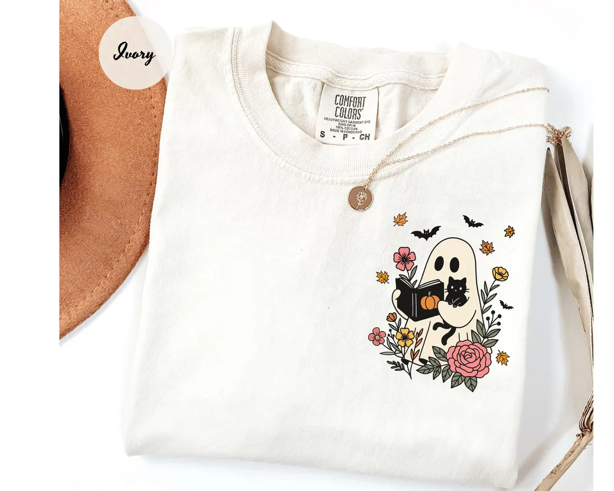 Ivory Comfort Colors 1717 T-shirt with Floral Halloween Ghost and Black Cat design