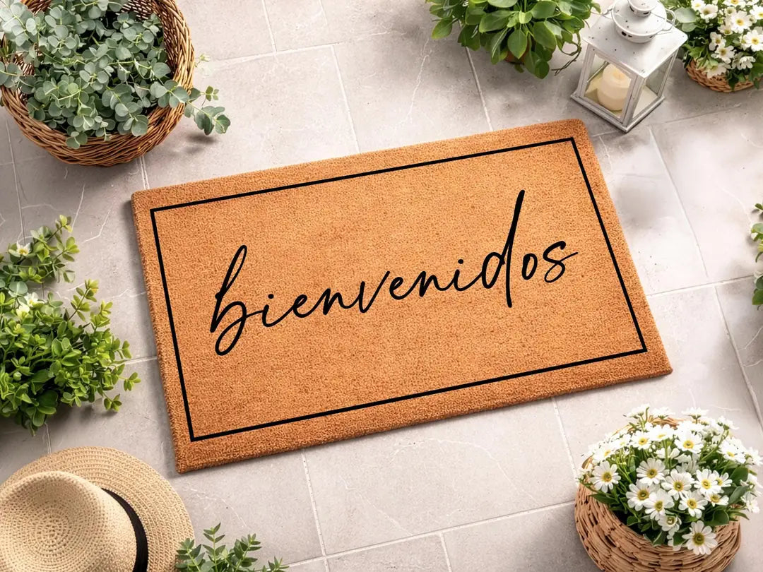 Coir doormat with a framed bienvenidos script message on pale tile with a straw hat, flower baskets, and a lantern
