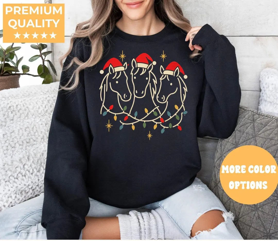 BLACK Crewneck sweatshirt with Horse Christmas design shown on a model.