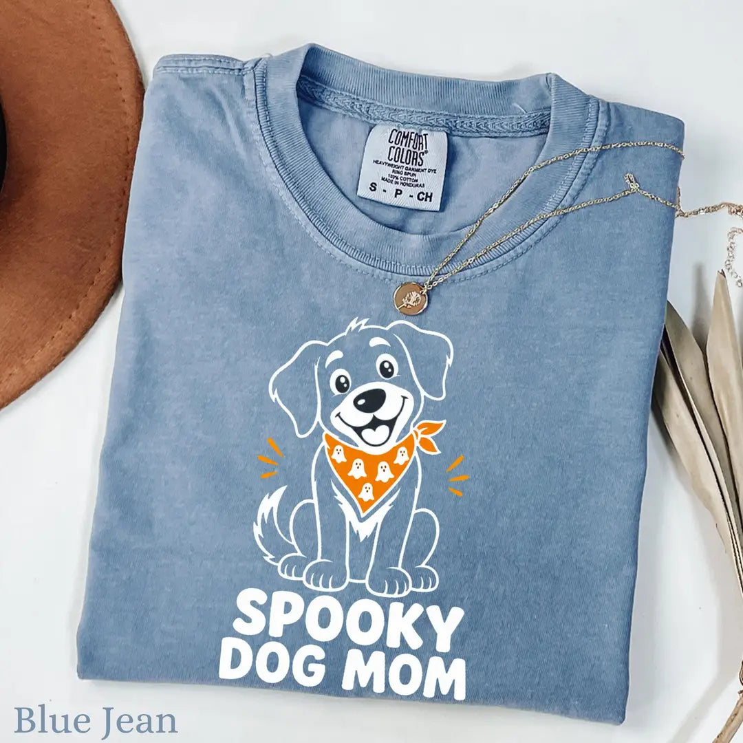 Spooky Dog Mom Halloween Comfort Colors T-Shirt alternate product view in Blue Jean.