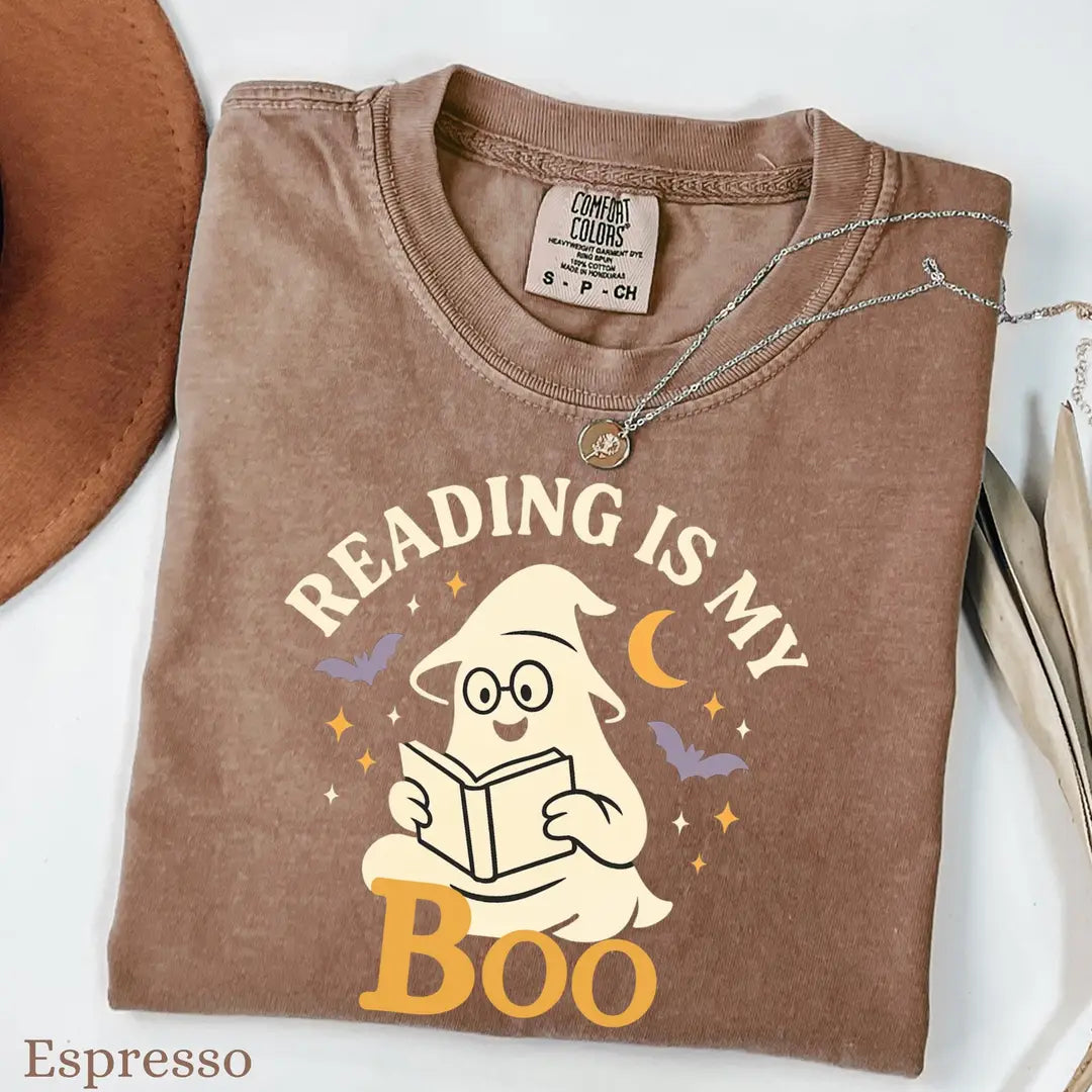 Reading Is My Boo - Ghost Book Lover Comfort Colors T-Shirt alternate product view in Espresso.