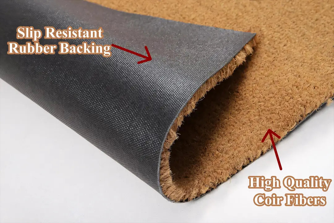 Rolled-back coir doormat showing the rubber backing and coir fibers