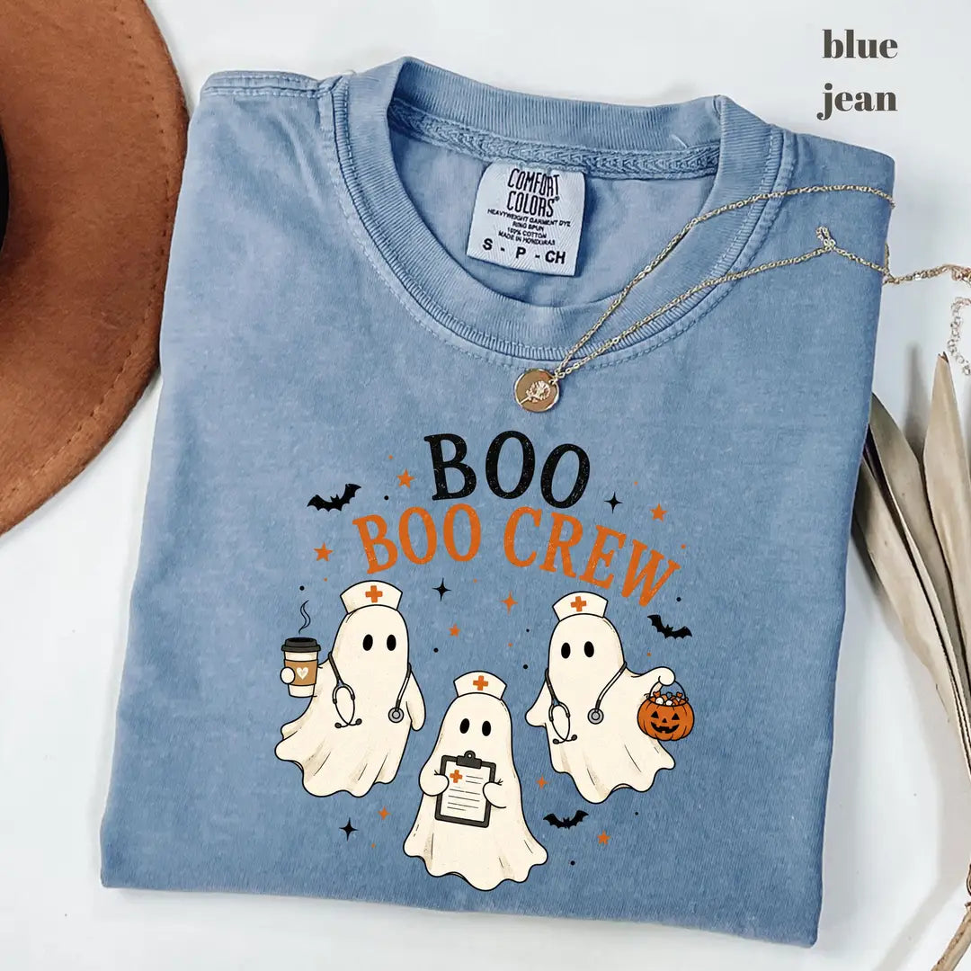 Blue Jean Comfort Colors 1717 T-shirt with Boo Boo Crew Ghost Nurse design worn by a model