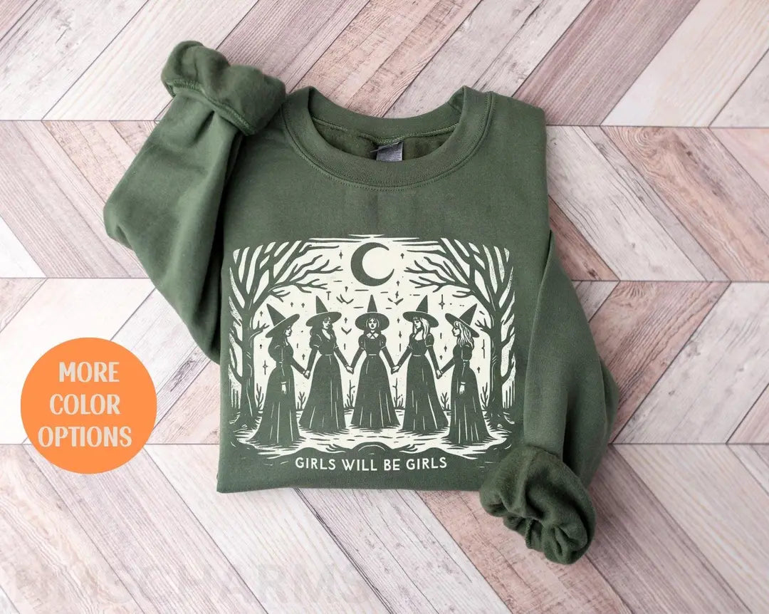 Military Green Crewneck sweatshirt with printed Vintage Girls Will Be Girls Witch design, hero view.