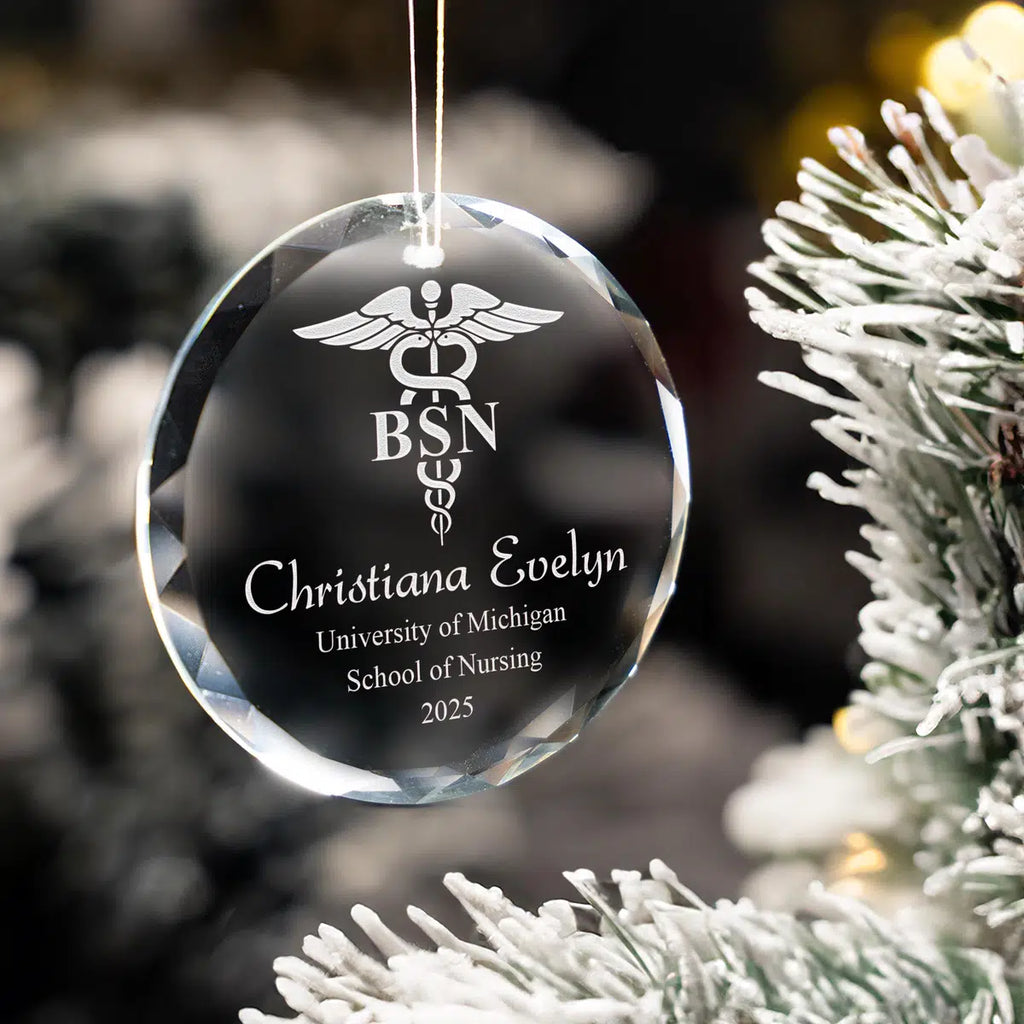 Additional view of a Nursing Graduation personalized engraved engraved crystal glass ornament.
