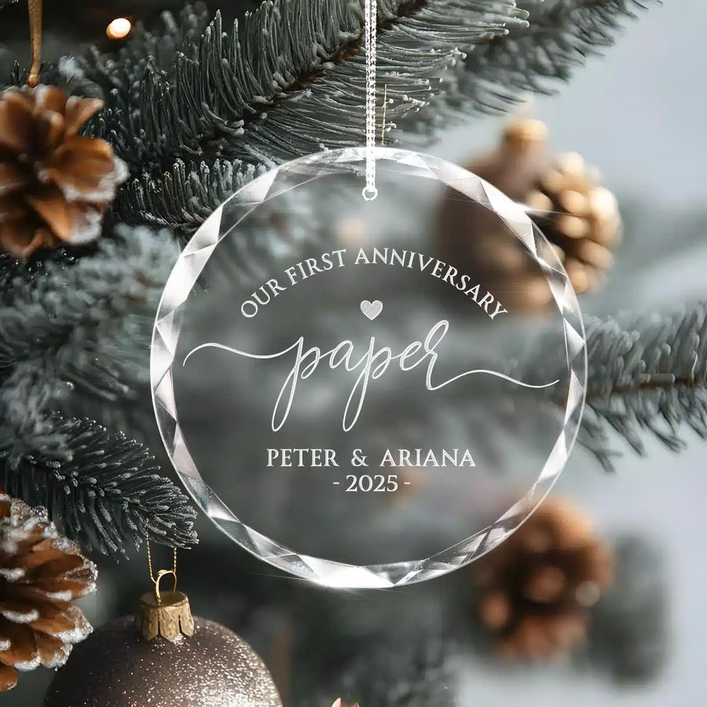Additional view of a First Anniversary personalized engraved engraved crystal glass ornament.