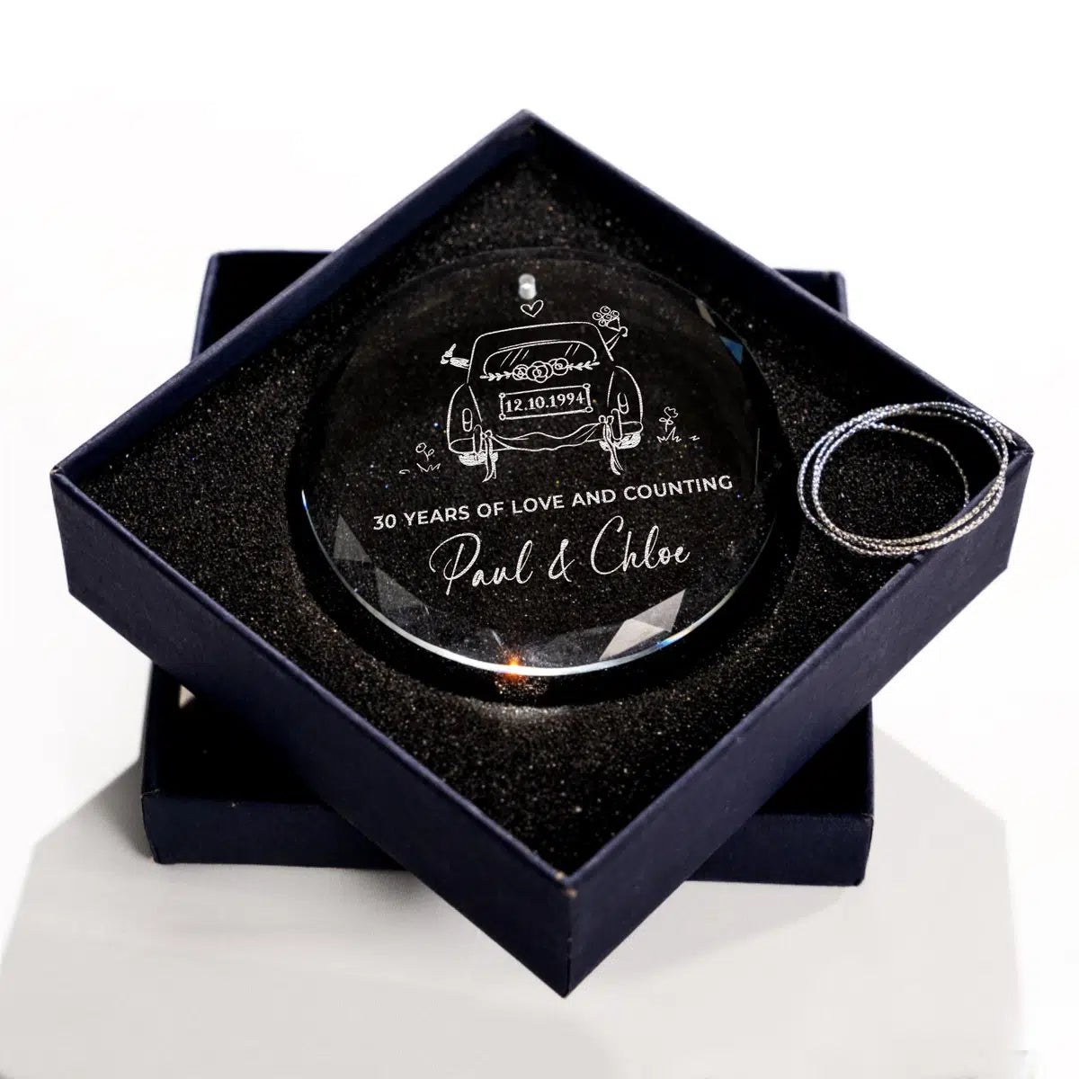Additional view of a 30th Anniversary personalized engraved engraved crystal glass ornament.