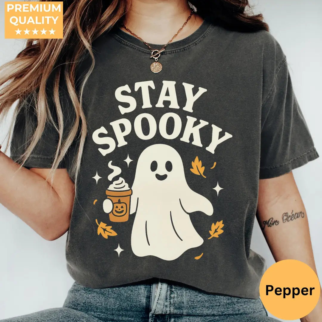 Stay Spooky Coffee Ghost - Fall Halloween Comfort Colors T-Shirt hero view in Pepper.