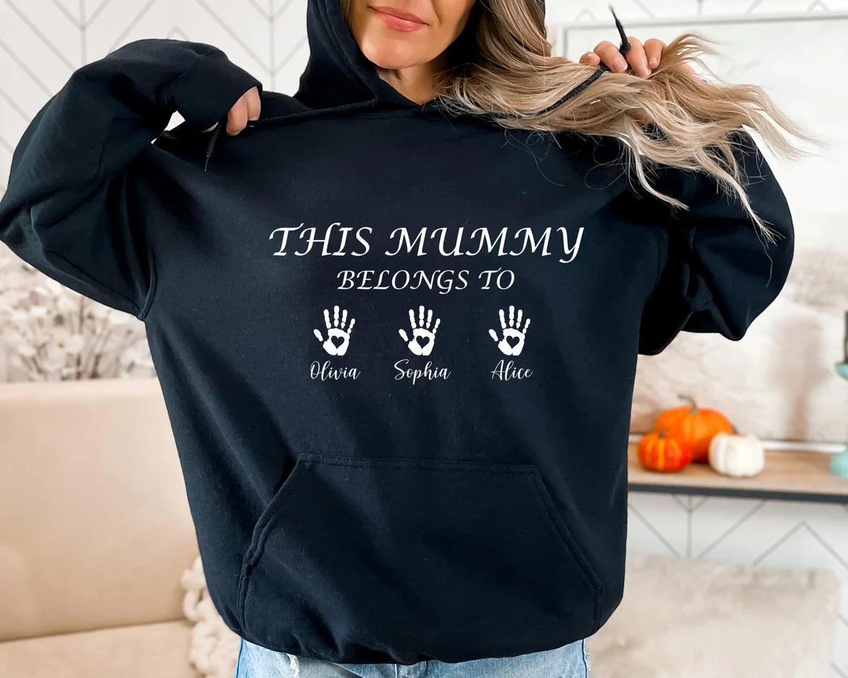 Black Crewneck sweatshirt with Custom This Mummy Belongs design, alternate product view.