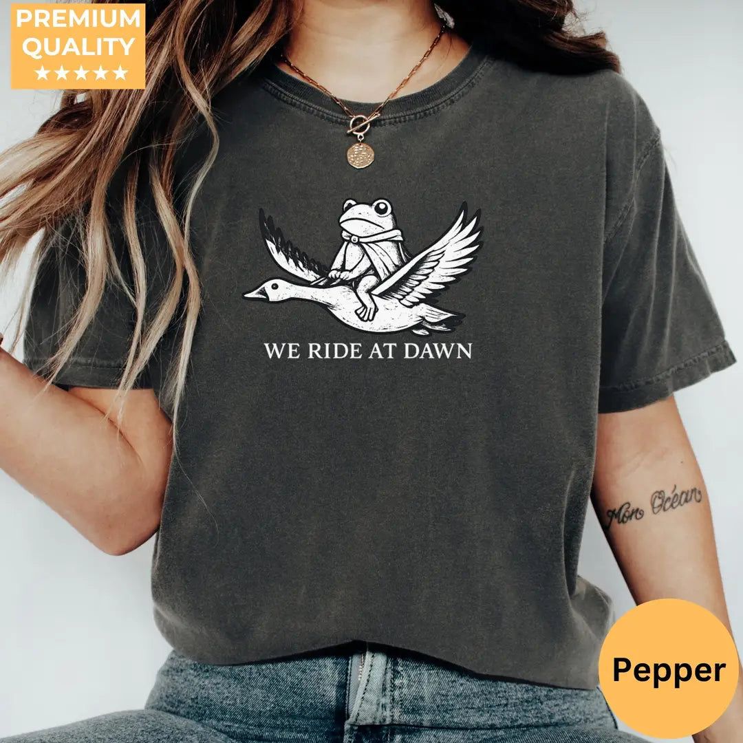 Pepper Comfort Colors 1717 T-shirt with We Ride at Dawn design, hero view.