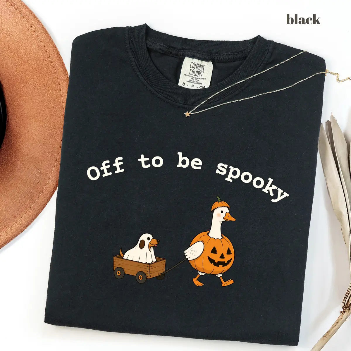 Black CF Comfort Colors 1717 T-shirt with Off To Be Spooky design worn by a model