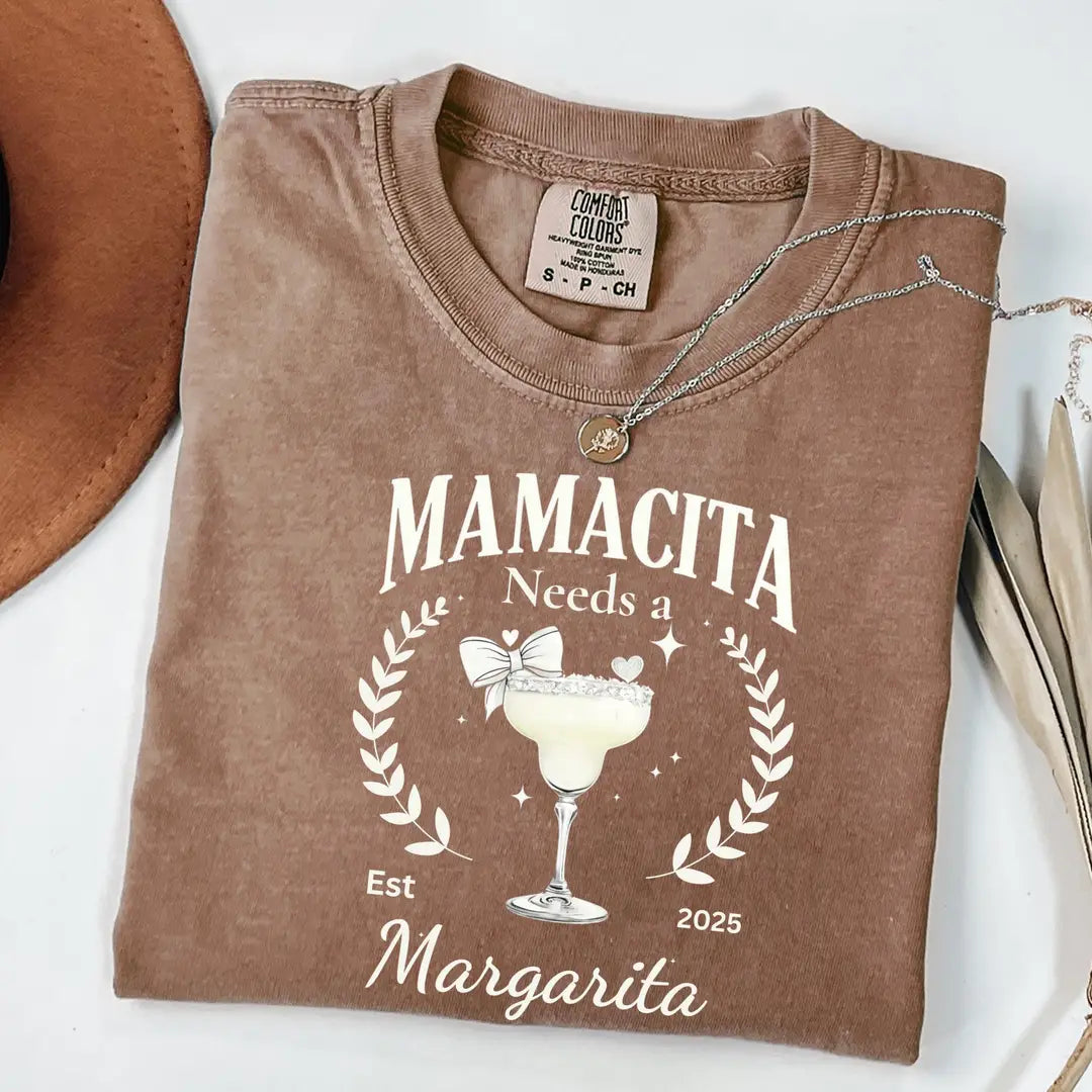 Espresso Comfort Colors 1717 T-shirt with Mamacita Needs a Margarita design, alternate product view.