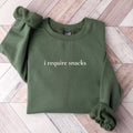 Crewneck sweatshirt with printed I Require Snacks design, alternate product view.
