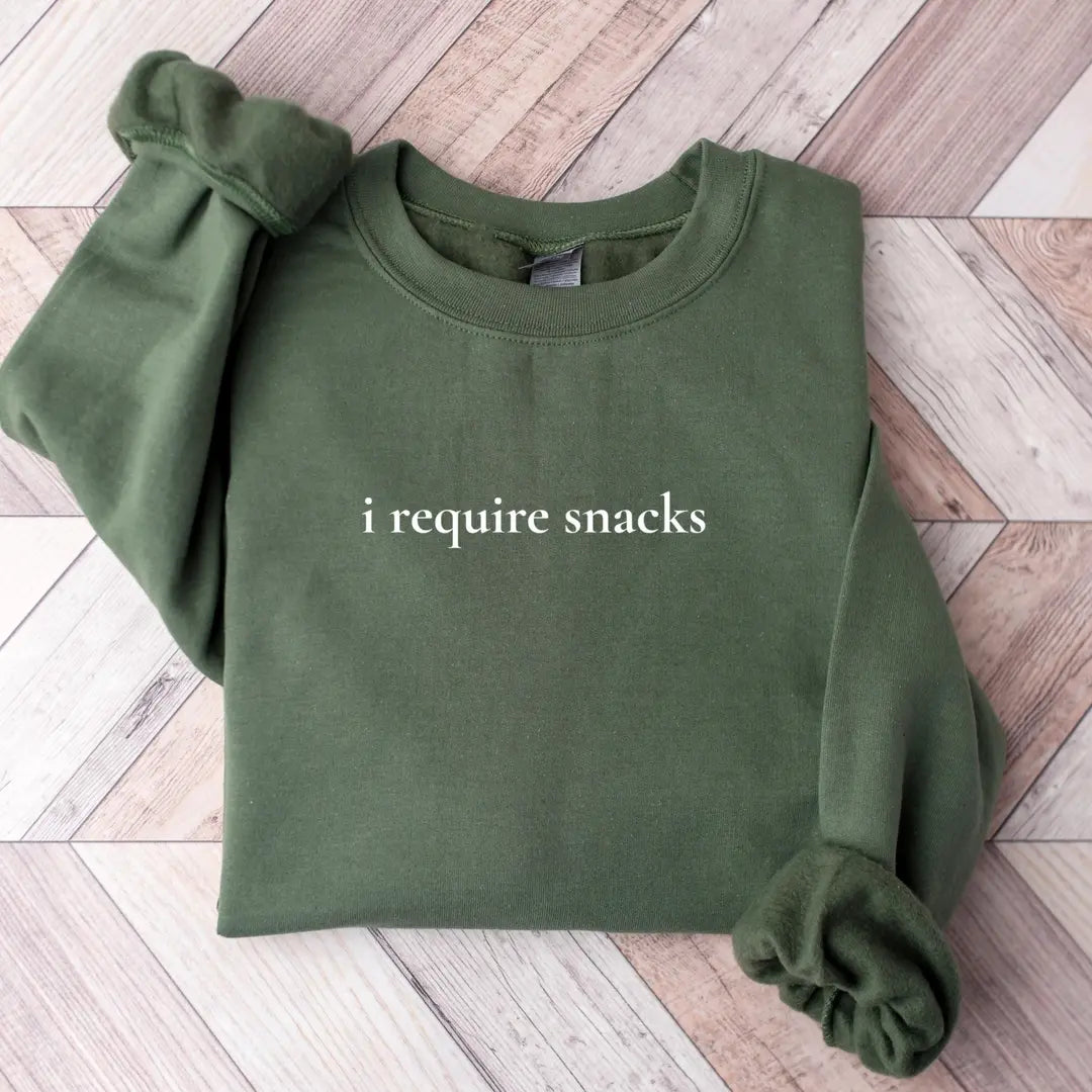 Crewneck sweatshirt with printed I Require Snacks design, alternate product view.