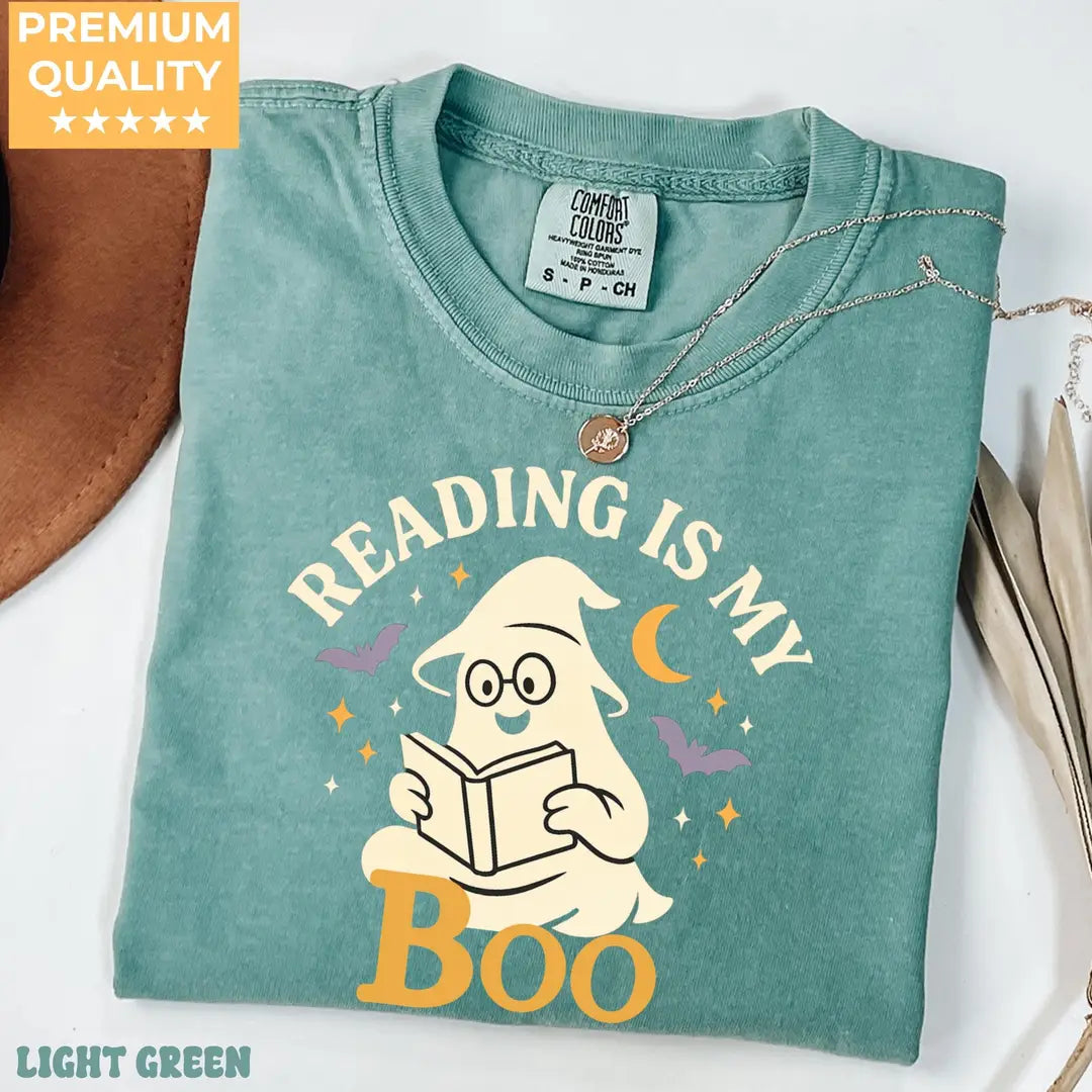 Reading Is My Boo - Ghost Book Lover Comfort Colors T-Shirt alternate product view in Light Green.