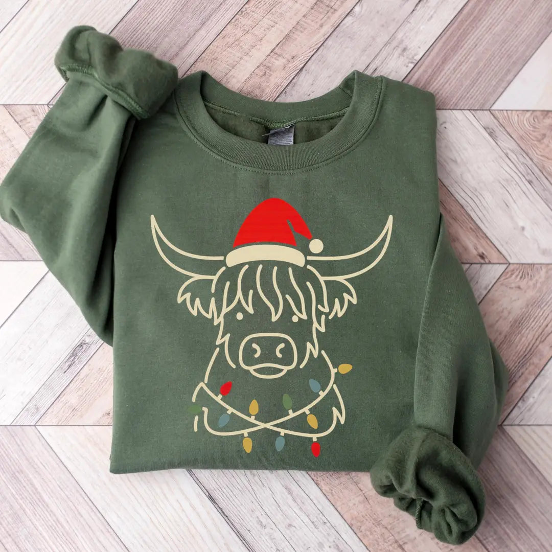 MILITARY GREEN Crewneck sweatshirt with printed Highland Cow Christmas design, hero view.