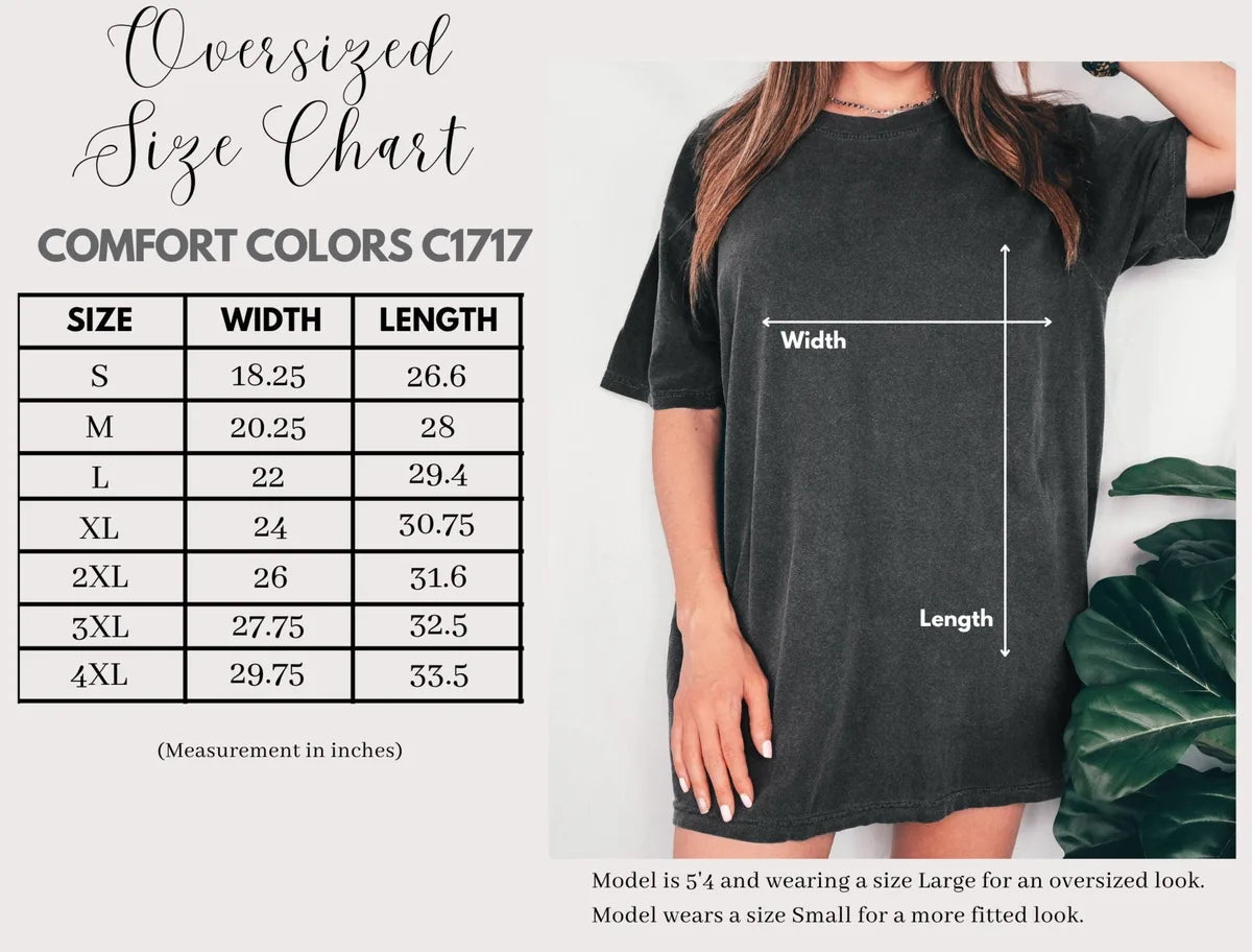 Comfort Colors 1717 T-shirt size chart showing the available adult garment measurements.