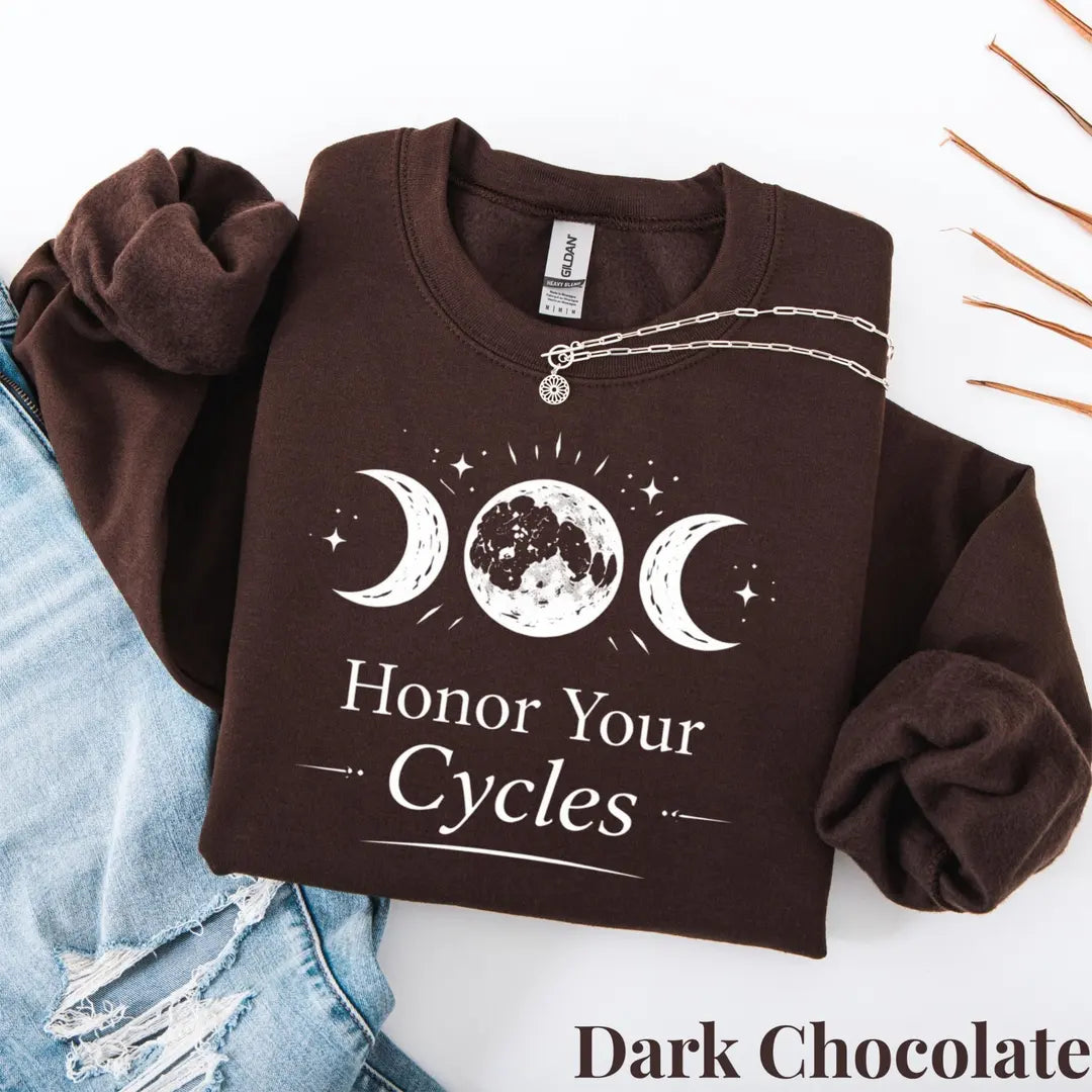 Crewneck sweatshirt with Mental Health Moon Phases design, alternate product view.