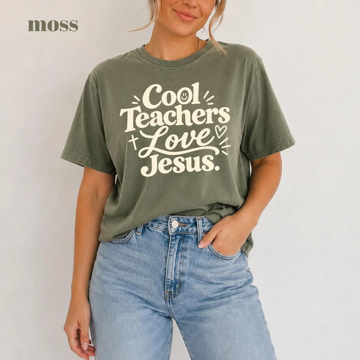 Moss Comfort Colors 1717 T-shirt with Cool Teachers Love Jesus design