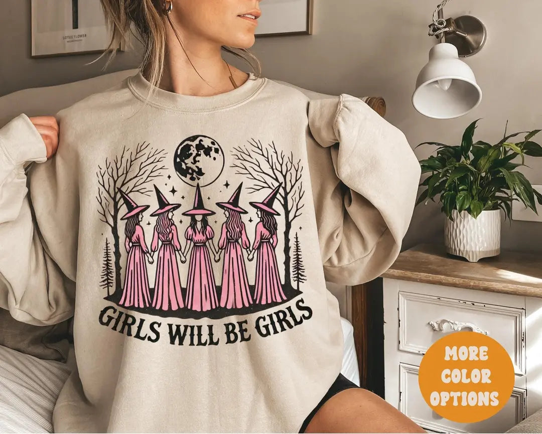 Sand Crewneck sweatshirt with printed Vintage Girls Will Be Girls Witch design, hero view.