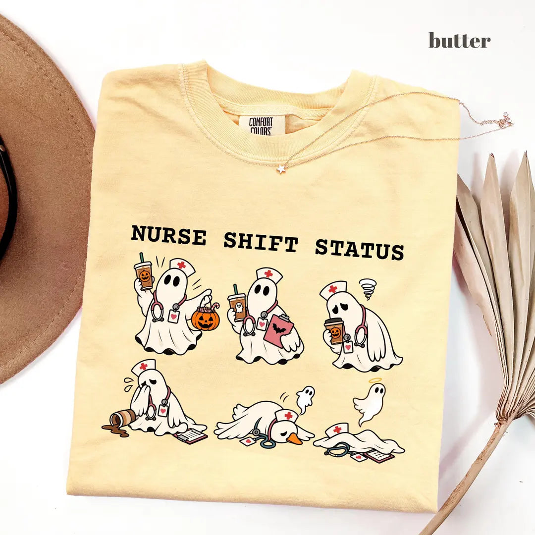 Butter Comfort Colors 1717 T-shirt with Ghost Nurse Halloween design