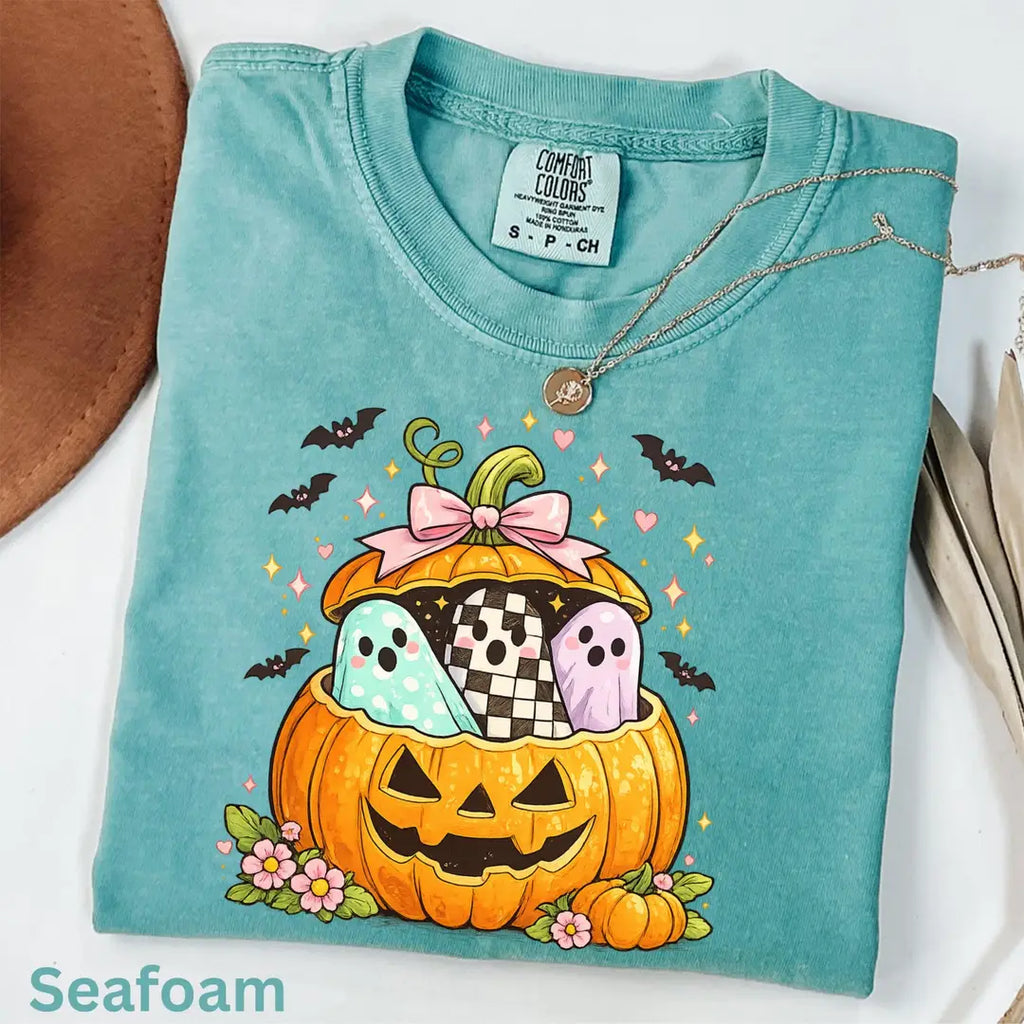 Preppy Pumpkin Ghost Comfort Colors T-Shirt alternate product view in Seafoam.