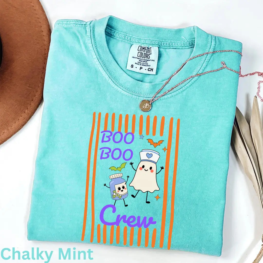 Boo Boo Crew Nurse Halloween Comfort Colors T-Shirt alternate product view in Chalky Mint.