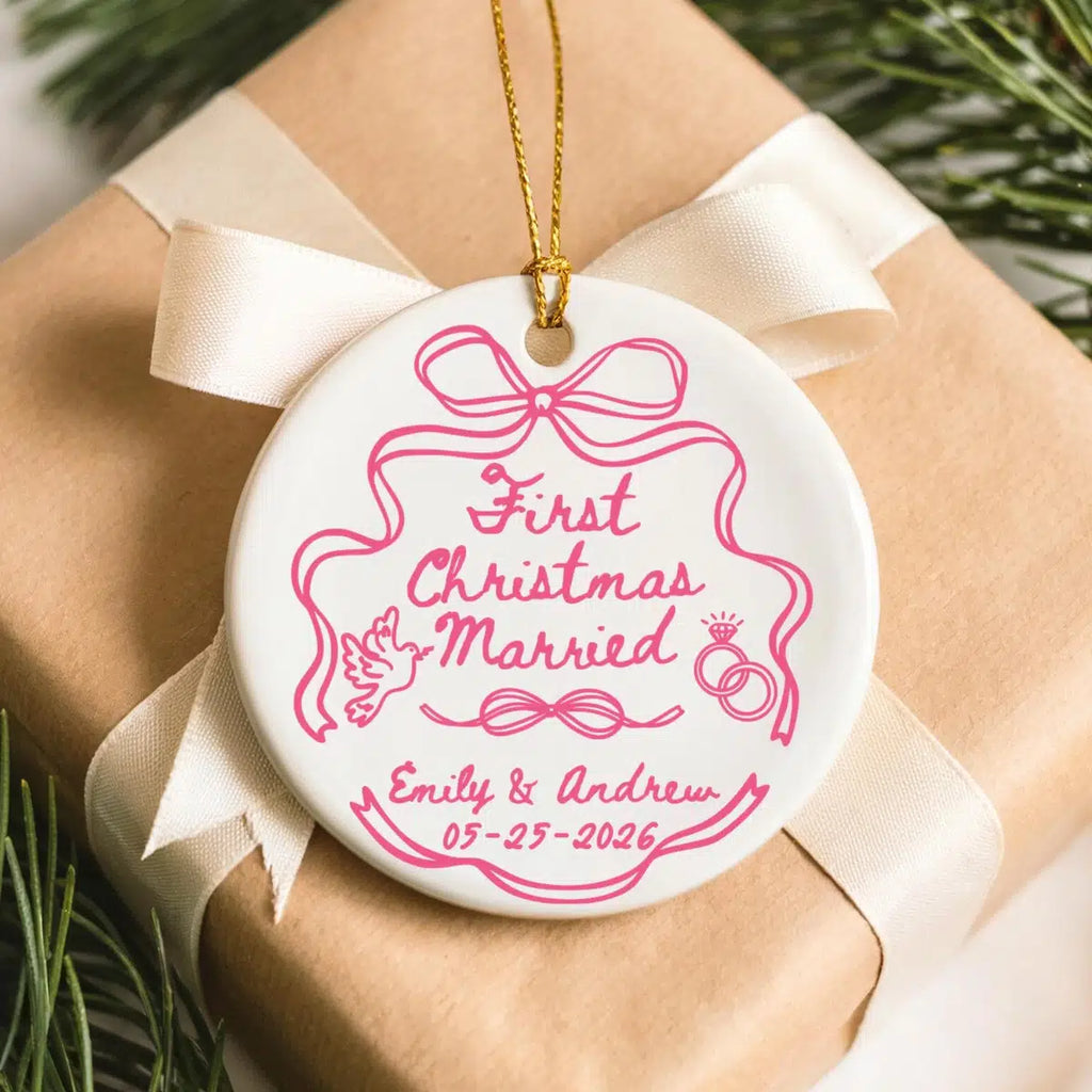 Personalized ceramic ornament featuring First Christmas Married.