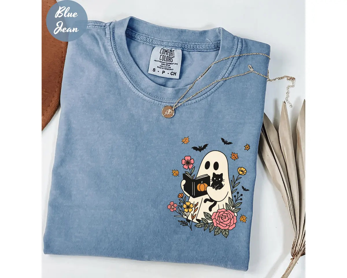 Blue Jean Comfort Colors 1717 T-shirt with Floral Halloween Ghost and Black Cat design