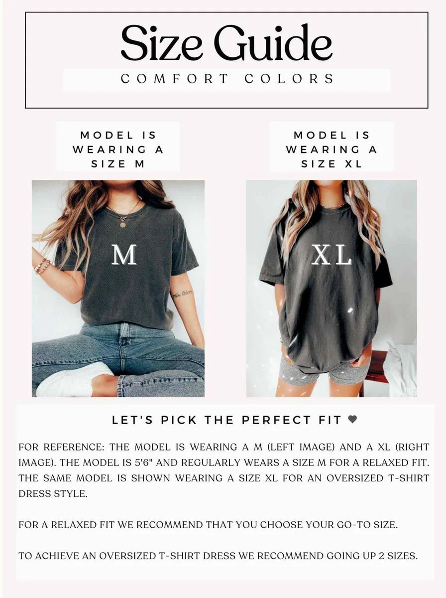 Comfort Colors 1717 T-shirt size chart showing the available adult garment measurements.