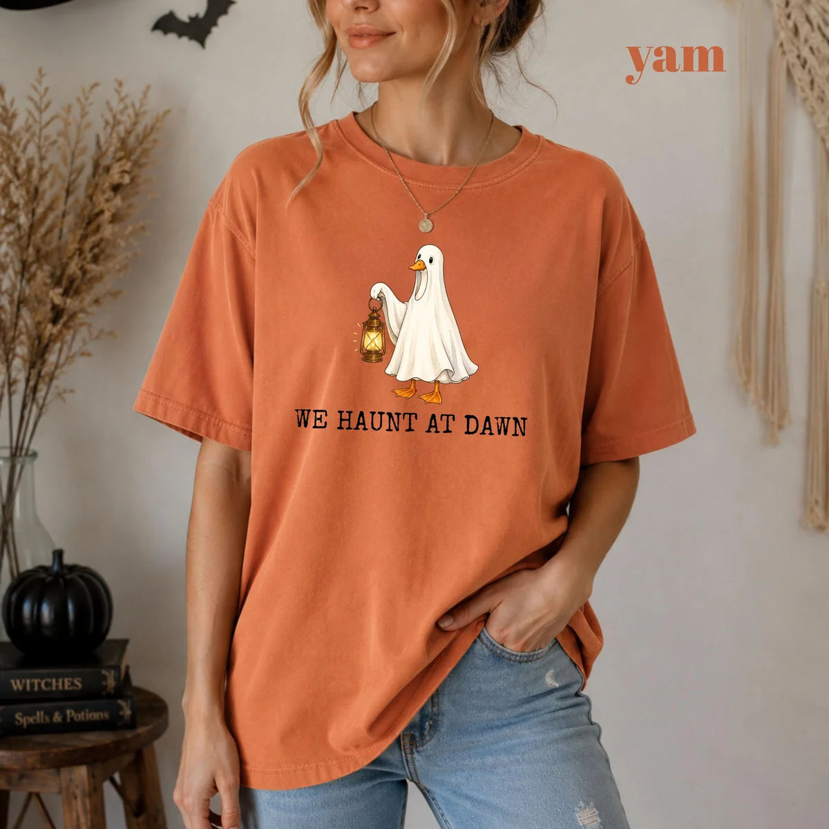 Comfort Colors 1717 T-shirt with We Haunt At Dawn Goose design worn by a model view 2