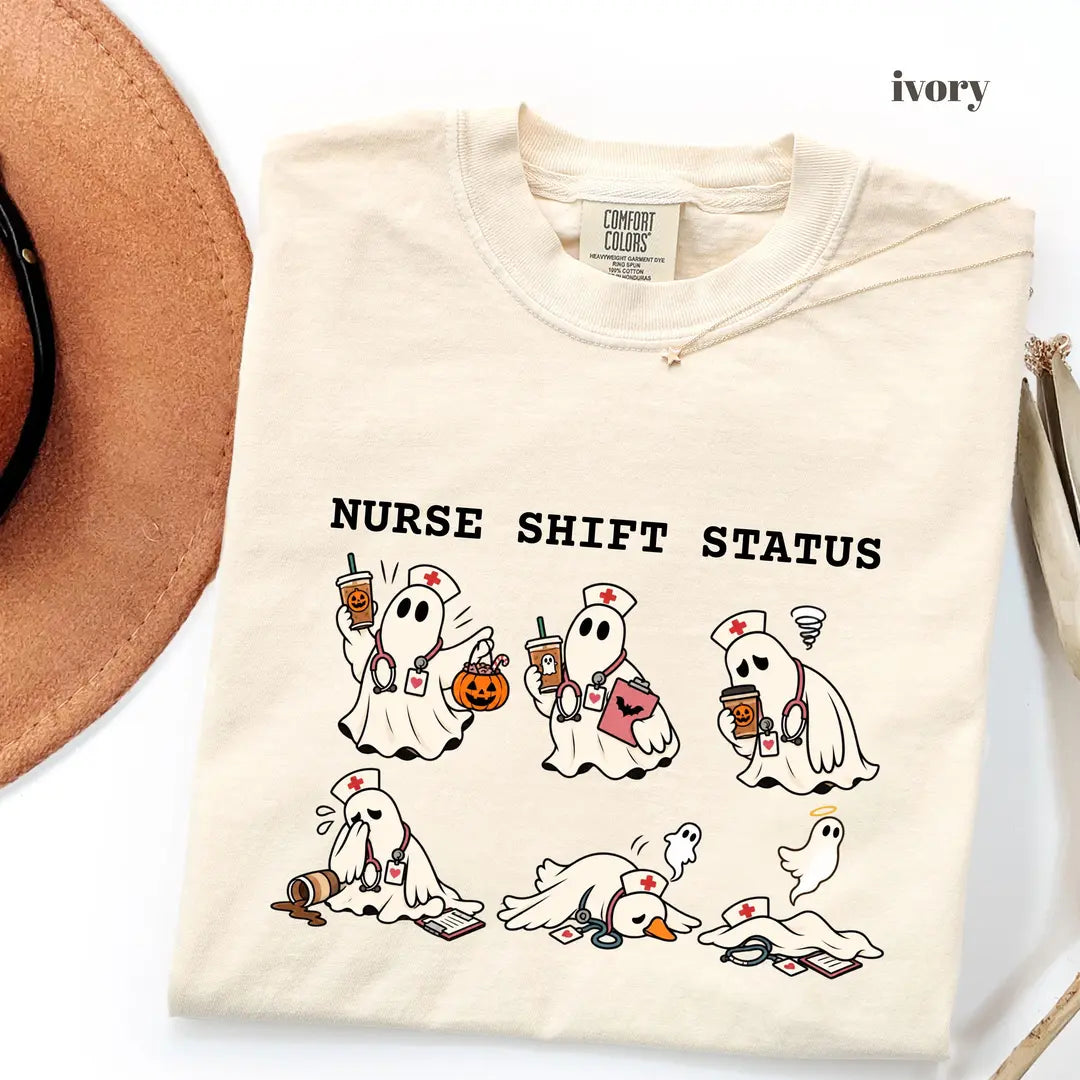Ivory Comfort Colors 1717 T-shirt with Ghost Nurse Halloween design