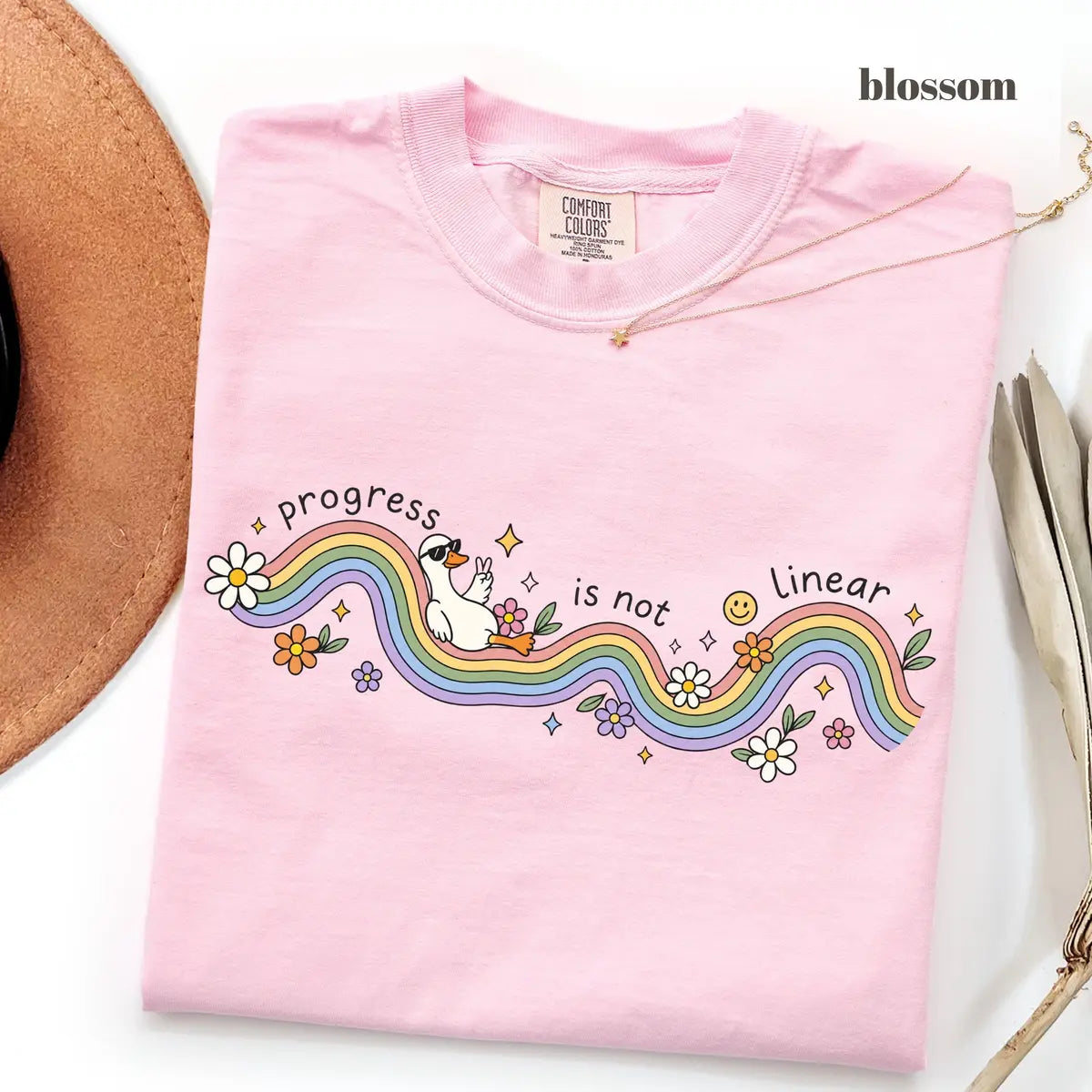 Blossom Comfort Colors 1717 T-shirt with Progress Is Not Linear design worn by a model