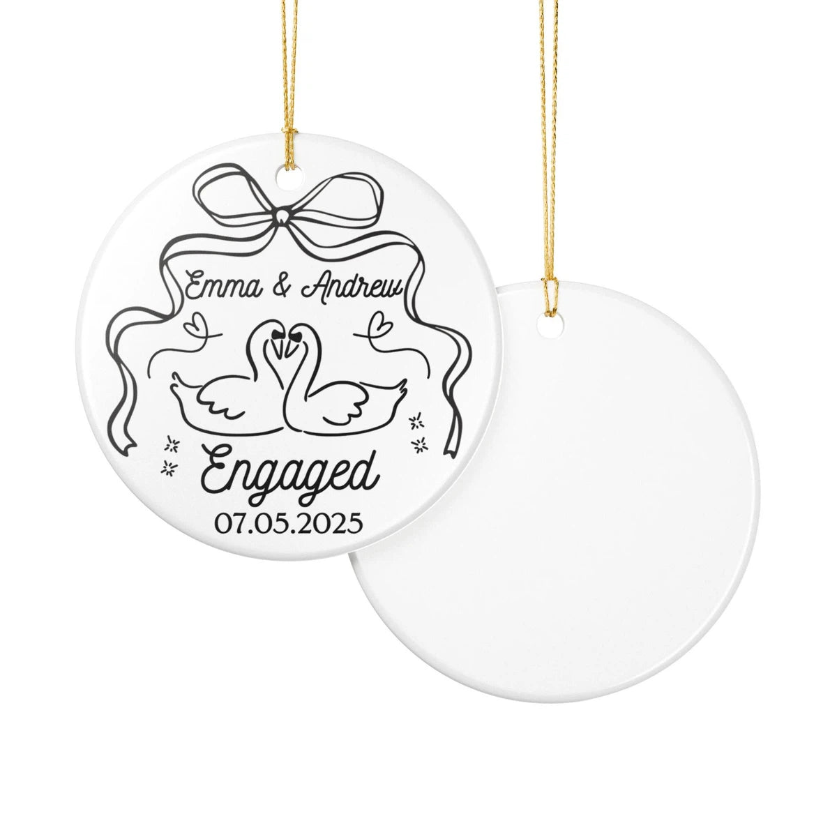 Front and back views of a Newly Engaged Swan personalized ceramic ornament.