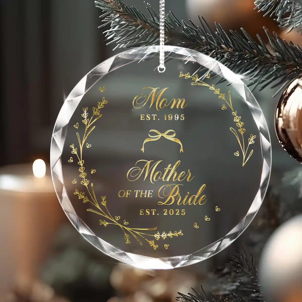 Additional view of a Mother Of Bride personalized engraved engraved crystal glass ornament.